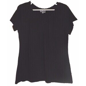 JM Collection Women Top Crochet Neck Tee Size P/S Cap Sleeve Solid Black Blouse